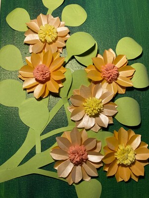 Hand Cut Orange Paper Flowers on 9x12 Inch Canvas Painted with Green Acrylic Original 3D Art Wall Hanging - image2